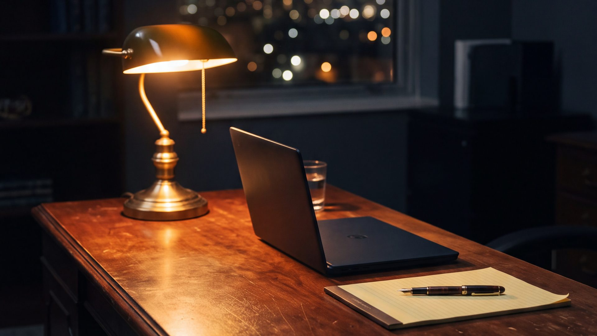 A brass desk lamp, a laptop and a legal pad on a mahogany desk at night